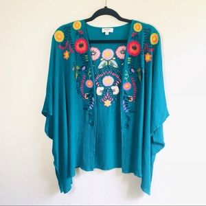 Umgee Floral Embroidered Kimono Turquoise - M/L